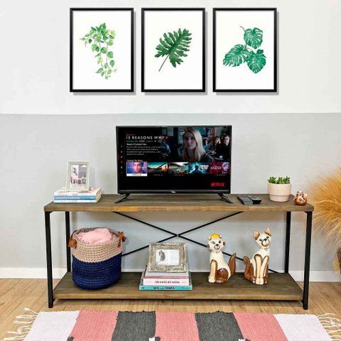 Rack de Tv Industrial de Ferro e Madeira Style Square Tabaco e Preto