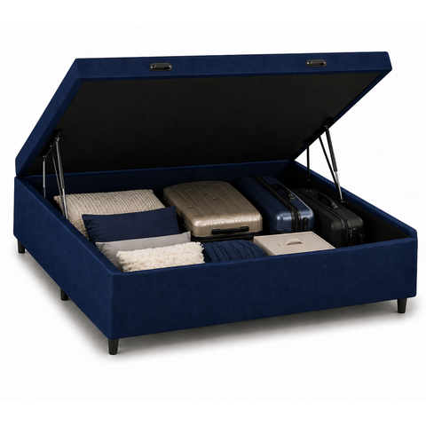 Kit Cama Box Baú Casal 138x188 cm + Colchão D33 Casal 17 cm Azul Suede