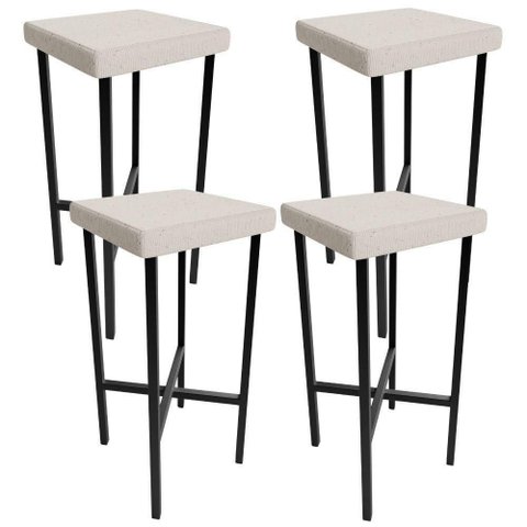 Kit 04 Banquetas Alta Bar Cozinha Sala de Jantar Preto Stella L02 Linho Cru - Lyam Decor