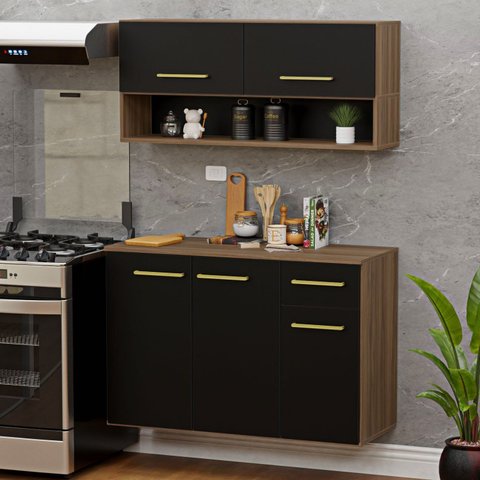 Conjunto Cozinha Armário Aéreo e Balcão Suspenso Auxiliar Aura Preto/Nogal