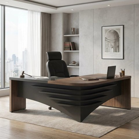 Escrivaninha Mesa para Escritório de Tamburato Diretor em L 180 x 200cm Marrom Charuto/Preta