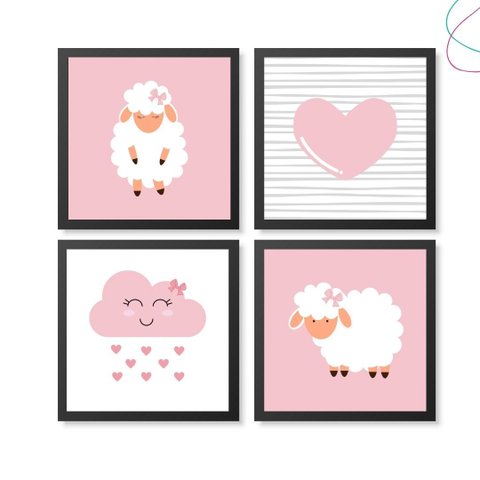 Quadro Decorativo Infantil Quarto de Menina Ovelhinha:preta