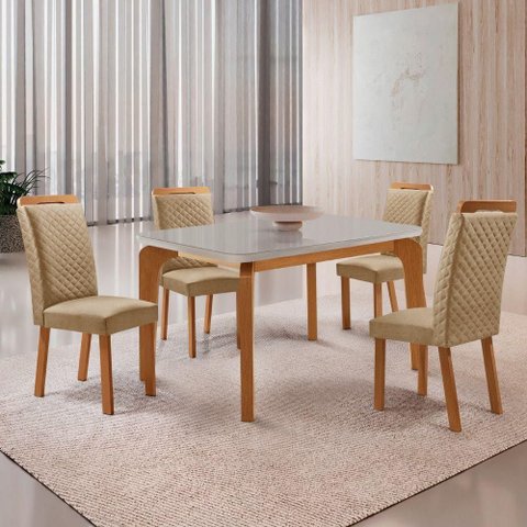 Mesa Jantar Liz 4 Lugares MDF Vidro Serigrafado Off White 120cm Moderna