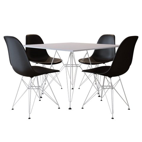 Jogo De Mesa Eames De Ferro Branco E Tampo Quadrado Branco 90cm 4 Cadeiras Pretas