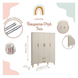 Guarda Roupa Infantil 4 Portas 2 Gavetas Isis Areia Acetinado Pés Retrô Quarto de Bebê - Reller - 3