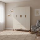 Ver imagem 1 de Guarda Roupa Infantil 4 Portas 2 Gavetas Isis Areia Acetinado Pés Retrô Quarto de Bebê - Reller