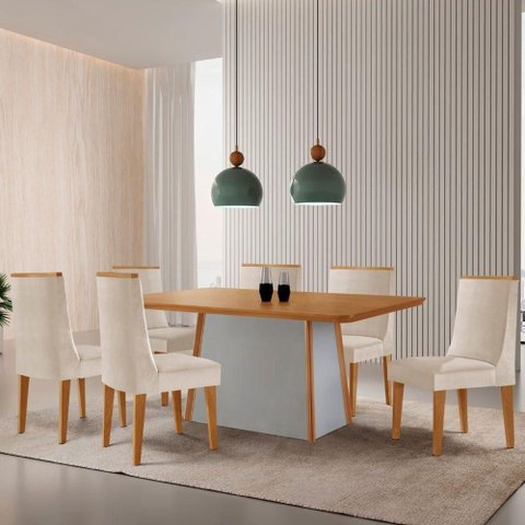 Mesa de Jantar Diane 180cm Tampo MDF Lam 6 Cadeiras Lisboa Moderna Veludo Creme Naturale Off White