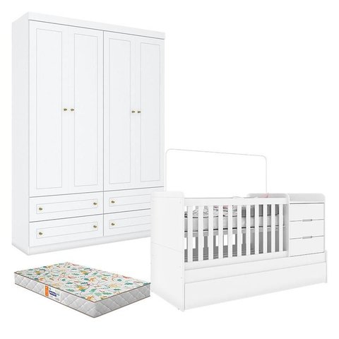 Berço Multifuncional Cleo e Guarda Roupa Infantil 4 Portas Americano Branco Fosco com Colchão Gazin 
