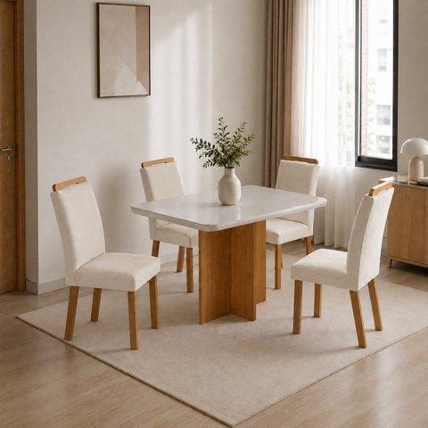 Conjunto Sala de Jantar Mesa Moscou Tp Vidro Canto Copo com 4 Cadeiras Mariana