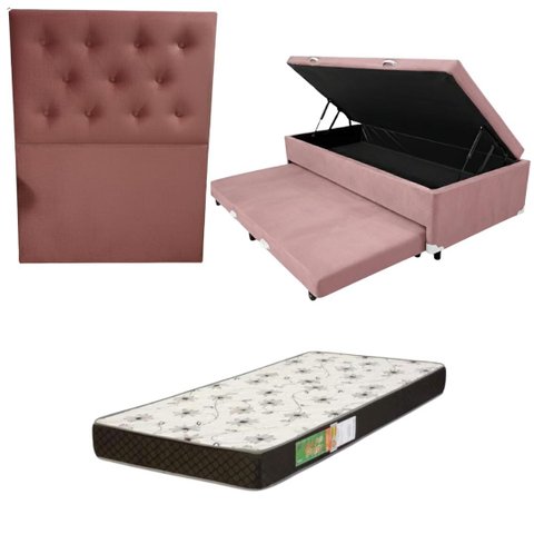 Cama Box Baú Solteiro com Auxiliar (Bicama) + Colchão Solteiro Espuma D20 12cm | Kit Completo com Ca