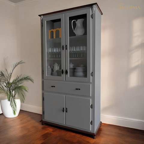 Cristaleira de Madeira 4 Portas 1 Gaveta Pés Torneados 308 - Cinza com Tampos e Base Imbuia Glazer