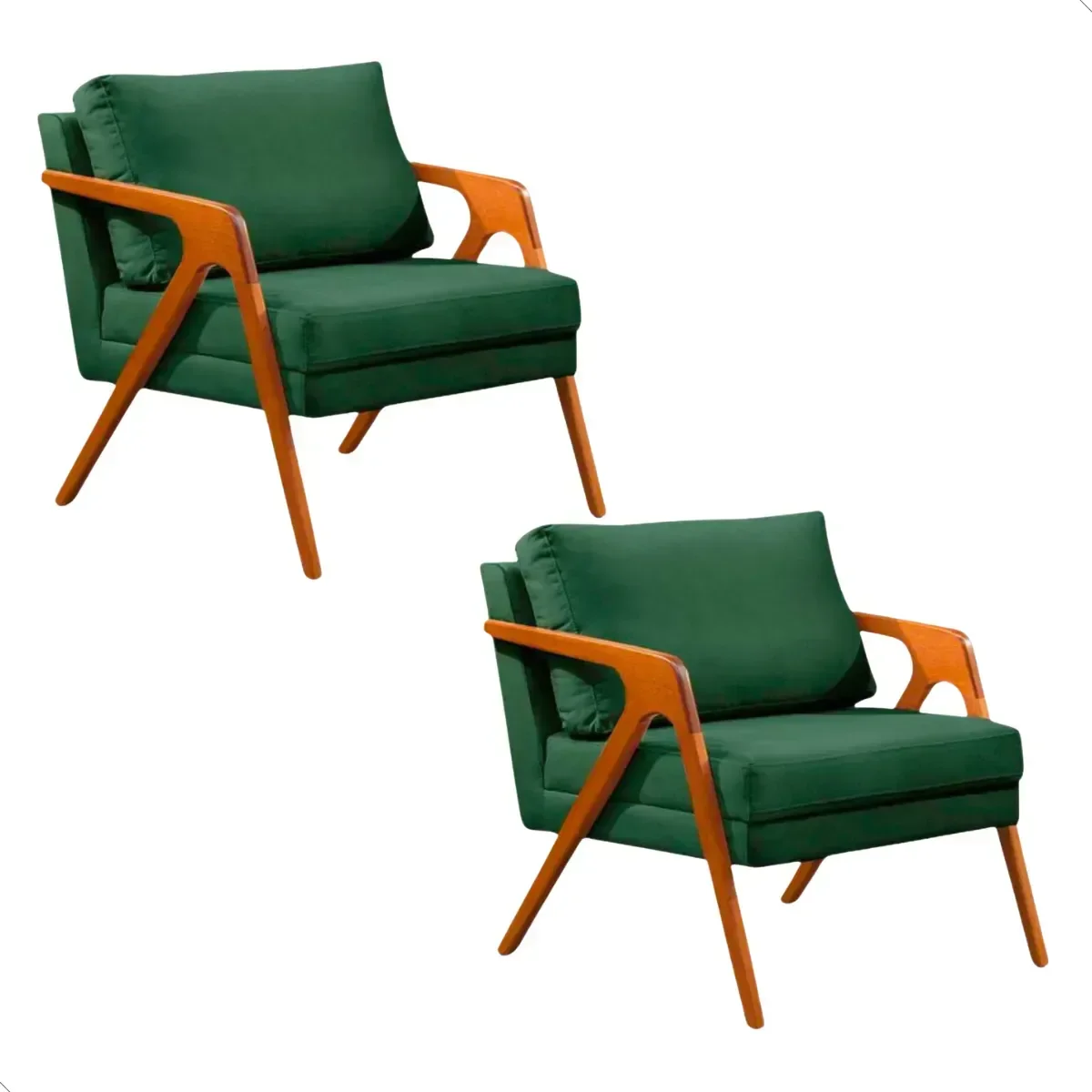Kit 02 Poltronas Decorativa Mona Luxo Base de Madeira Maciça Sala Recepção Veludo Verde do Lar Móvei
