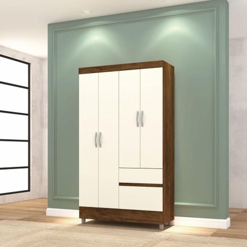 Guarda Roupa Solteiro Ideal Plus 4 Portas 2 Gavetas Cor Imbúia e Champanhe - Vila Rica