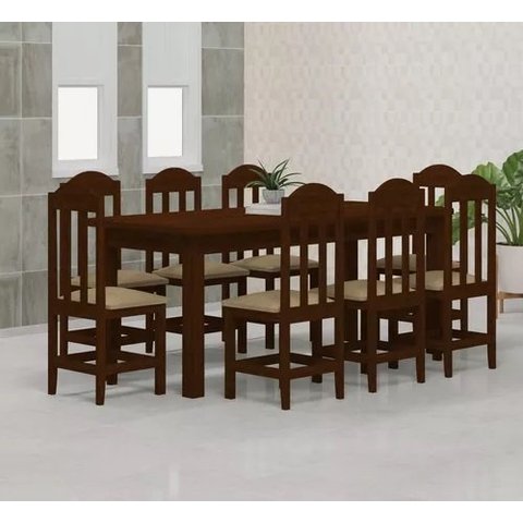 Mesa Safira em Madeira Maciça 200x88 Castanho com 8 Cadeiras Estofadas Bege Nemargi