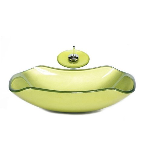 Cuba De Vidro Abaulada 51cm Verde +Valvula+Torneira Cascata