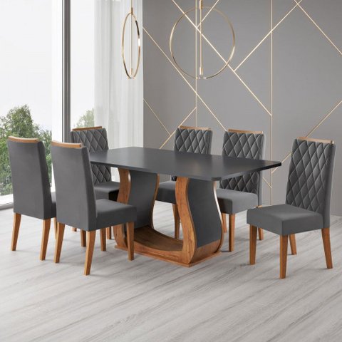 Mesa de Jantar 6 Lugares Lana Mel/cinza/veludo Cinza - Viero Móveis