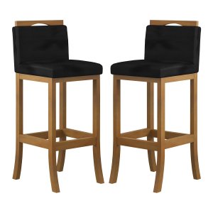 Kit 2 Banquetas Média Encosto Estofado 38x92Cm Ilha Turim Madeira Maciça Amêndoa Suede Preto CCS