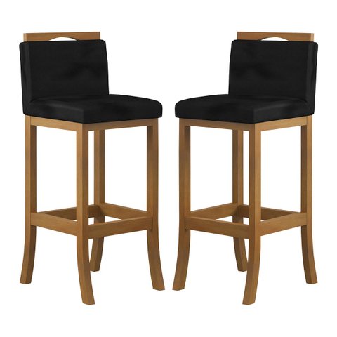 Kit 2 Banquetas Média Encosto Estofado 38x92Cm Ilha Turim Madeira Maciça Amêndoa Suede Preto CCS