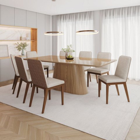 Conjunto Sala Jantar Mesa Olívia 200 cm Canto Arred C Vid 8 Cadeiras Pietra Henn