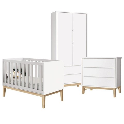 Quarto Infantil Classic 2 portas Branco Fosco com Pés Madeira Natural - Reller Móveis