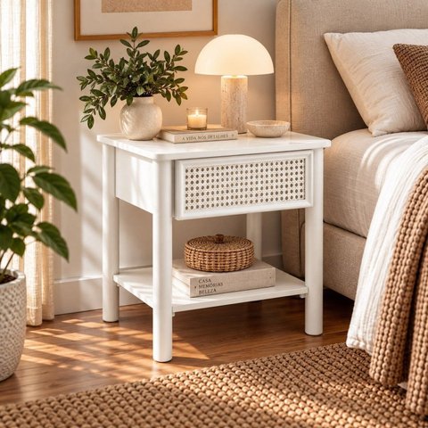 Mesa de Apoio com Gaveta Ratan Nature Laca Branco