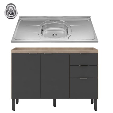 Balcão Firenze com Pia e Cuba Ghelplus 120cm 02 Portas 02 Gavetas Avena Touch Grafito Demóbile