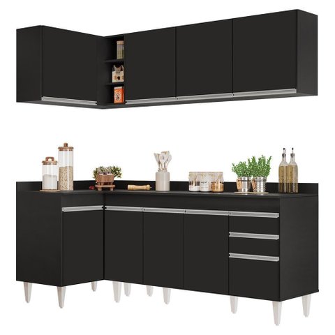 Armário de Cozinha Modulado de Canto Direito 4 Peças Cp41 Balcão com Tampo Preto - Lumil