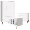 Ver imagem 1 de Quarto de Bebê Theo 3 Portas com Cômoda Gaveteiro Branco Acetinado Pés Madeira Natural - Reller
