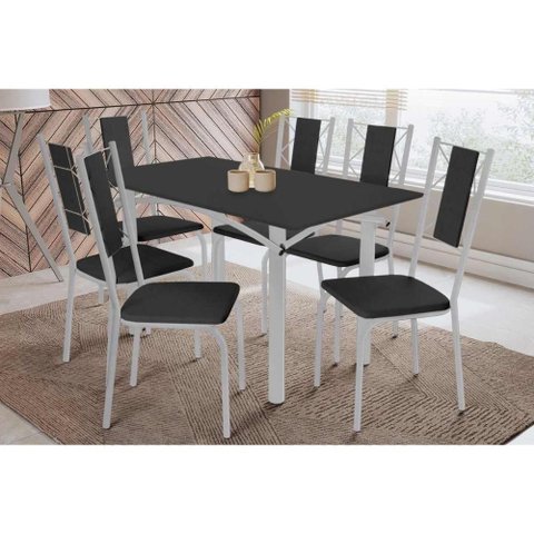 Sala de Jantar Completa Elba Tampo Madeirado C/ Vidro 160cm e 6 Cadeiras Lisboa Cromada/preto -