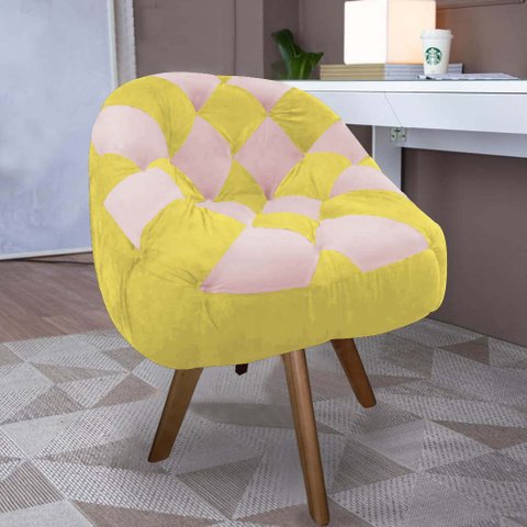 Poltrona Paloma Escritório Sala Giratória Madeira Suede Amarelo e Suede Rosa Bebê - Dominic Decor