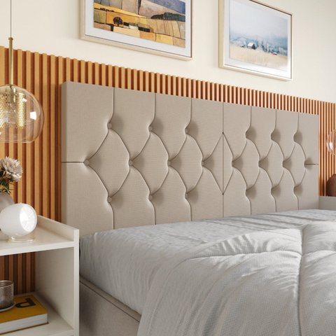 Painel Cabeceira Luxo Capitonê Queen Size Elisa Estofada Decoração Fixação Parede:areia