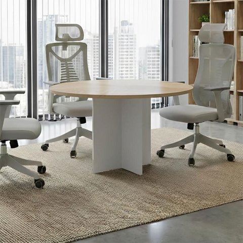 Mesa de Reunião Redonda F5 Office 4 Lugares 110cm Carvalho Treviso com Branco