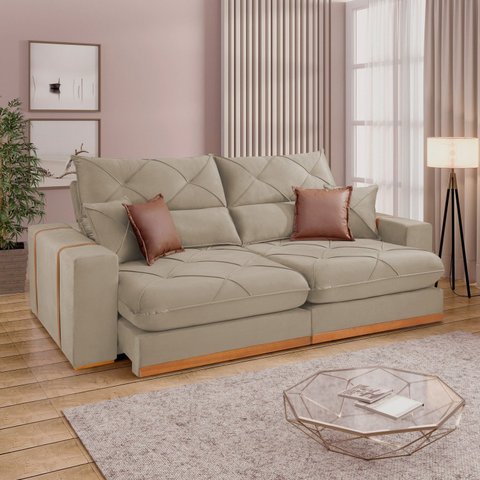 Sofá Retrátil e Reclínavel 4 Lugares Veludo Bege Claro Zara 250cm Yescasa