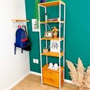 Ver imagem 1 de Estante Style de Ferro e Madeira Slim 6 Prateleiras Industrial com 1 Gaveteiro Carvalho e Branco