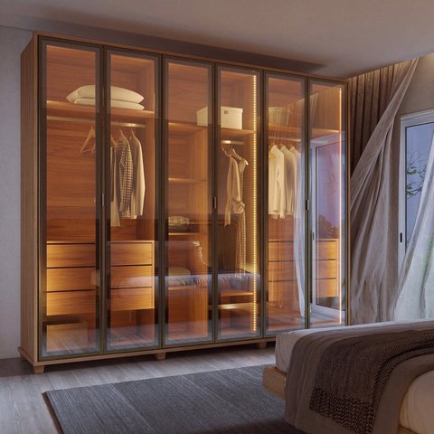Guarda-Roupa Speculum 6 Portas com Vidro Reflecta e LED Carvalho