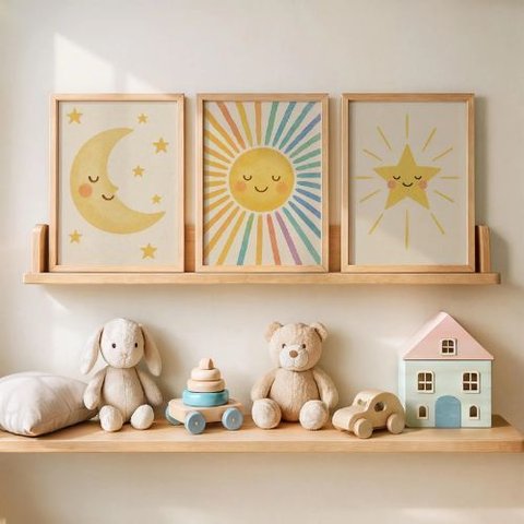 Kit 3 Quadros Decorativos Infantil - Boho Lunar NO2 - 40x60 - Moldura Madeira