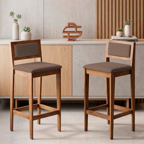 Kit 02 Banquetas Altas Lenna 99cm em Madeira e Encosto Estofado Linho Marrom - Desk Design