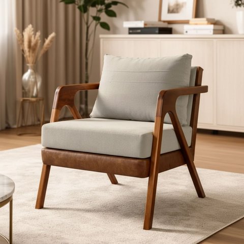 Poltrona Decorativa Maia para Sala Escritório Recepção Linho Bege e Corino Peroba Braço de Madeira