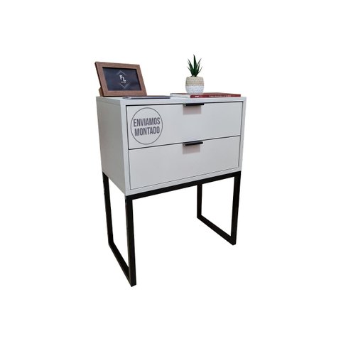 Mesa de Cabeceira Off White 50cm Eco Industrial 2 Gavetas Quarto Cama Base Metal Preta Puxador Preto