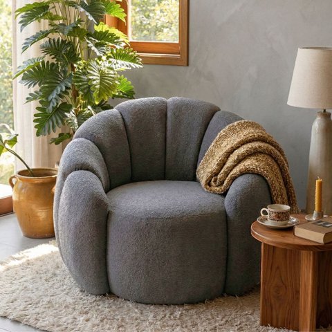 Poltrona Decorativa Curva Orgânica Serena Bouclê Cinza - Montanari'S Decor