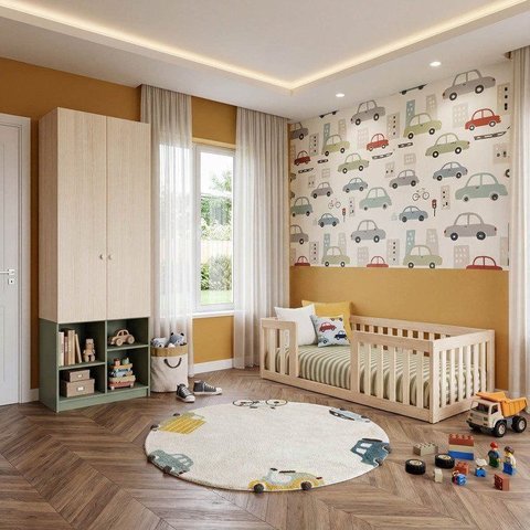 Quarto Montessori Mini Cama Giulia e Guarda-Roupa Curió 2 Portas Casatema MadeiraOriginals Natural/V