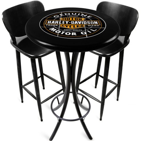 Conjunto Mesa Madeira Azulejo 60cm - Bistrô Fixa 98cm + 2 Banquetas 73 - Preta - Harley Davidson Genuine