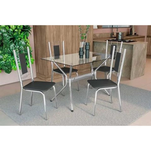 Conjunto: Mesa Sala Jantar Loire C/ Tampo de Vidro 120x80cm e 4 Cadeiras Florença Cromada - Preto