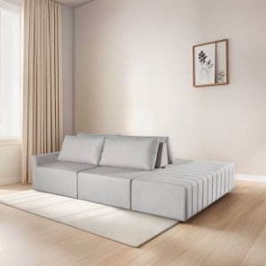 Sofá Ilha Vancouver Modular com Puff 255 Cm Bouclê Off White