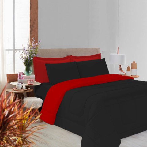Kit Edredom Soft Casal Queen Toque Suave 3 Peças Preto e Vermelho Casa Dona