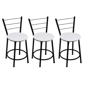 Kit 3 Banquetas Baixas Preta com Encosto Assento Branco