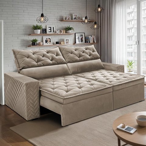 Sofá Retrátil e Reclinável 2,00m Essence Velusoft Bege Cama Inbox