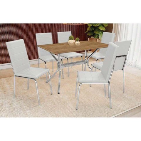Conjunto Mesa de Cozinha Loire com Tampo de Madeira 160cm e 6 Cadeiras Amsterdã Cromada Branco 106