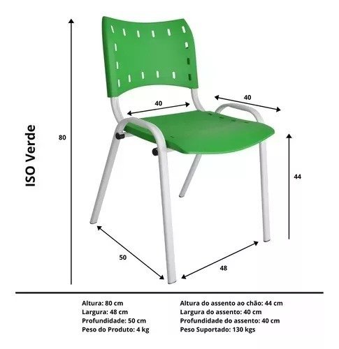 Cadeira Iso Para Escola Escritório Comércio Verde Base Branca - 3