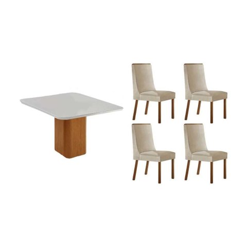 Conjunto: Mesa Sala Jantar Maldivas C/ Tampo Madeirado C/ Vidro Canto Curvo 90x90cm e 4 Cadeiras